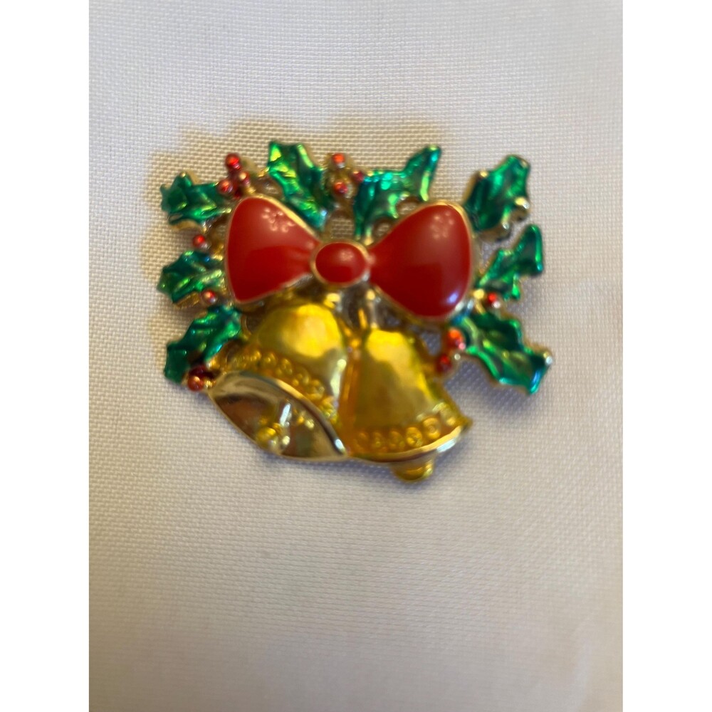 Vintage Gold Tone Christmas Bells Brooch, Enamel Holly Bow Pin